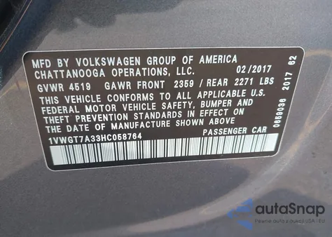 2017 Volkswagen Passat 1.8T Se z USA, uszkodzony, nr VIN 1VWGT7A33HC058764
